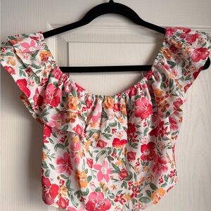 Pink Lily Floral Blouse with Ruffle Sleeves